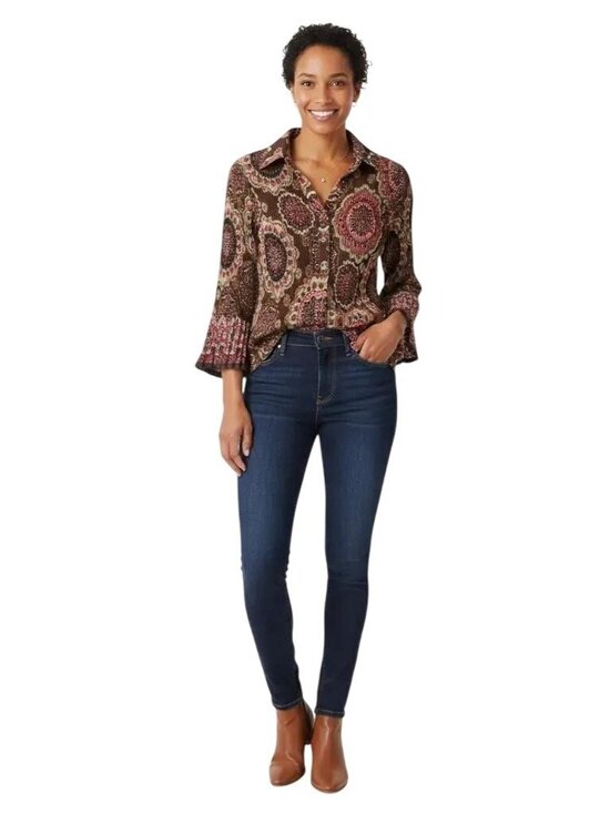 Signature by Larry Levine Tops - Signature By Larry Levine Crinkle Ruched 3/4 Bell Sleeve Vintage Blouse Sz Large